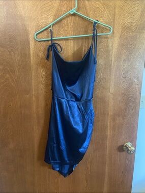 Satin Cowl Neck Mini Dress with Tie Straps - Navy